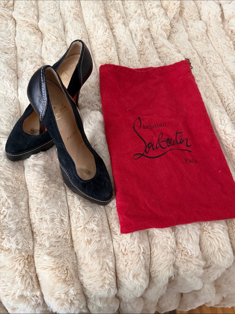 Christian Louboutin Black Suede Round-Toe Pumps with Red Dust Bag